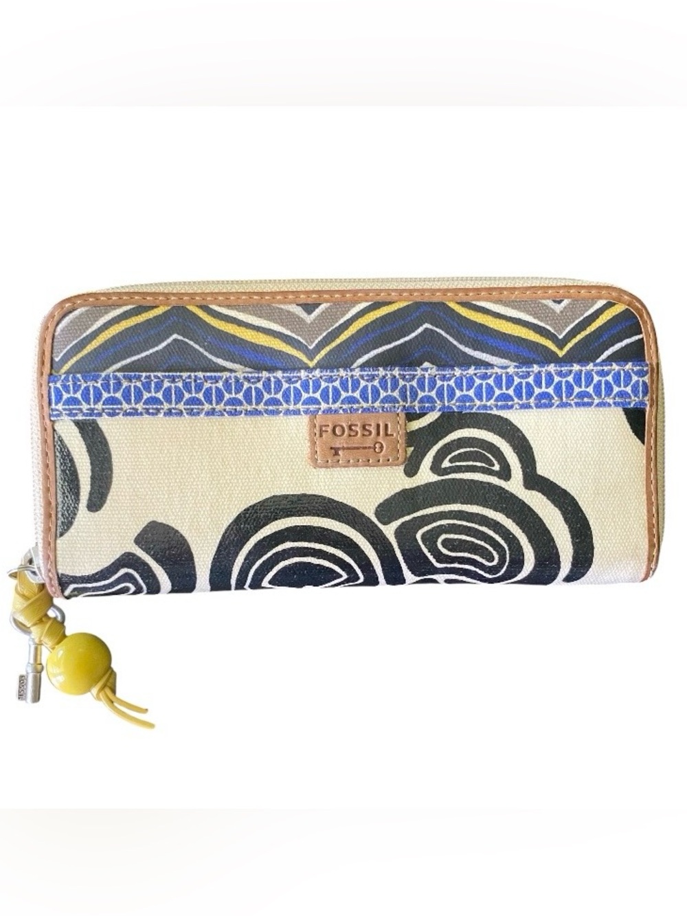 Fossil Vintage Y2K Safari Mod Key-Per Leather Trim Canvas Wallet CLEAN Excellent